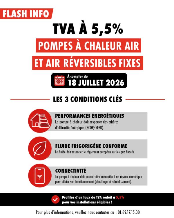 , les pompes à chaleur air/air réversibles fixes peuvent bénéficier d'une TVA réduite à 5,5 %